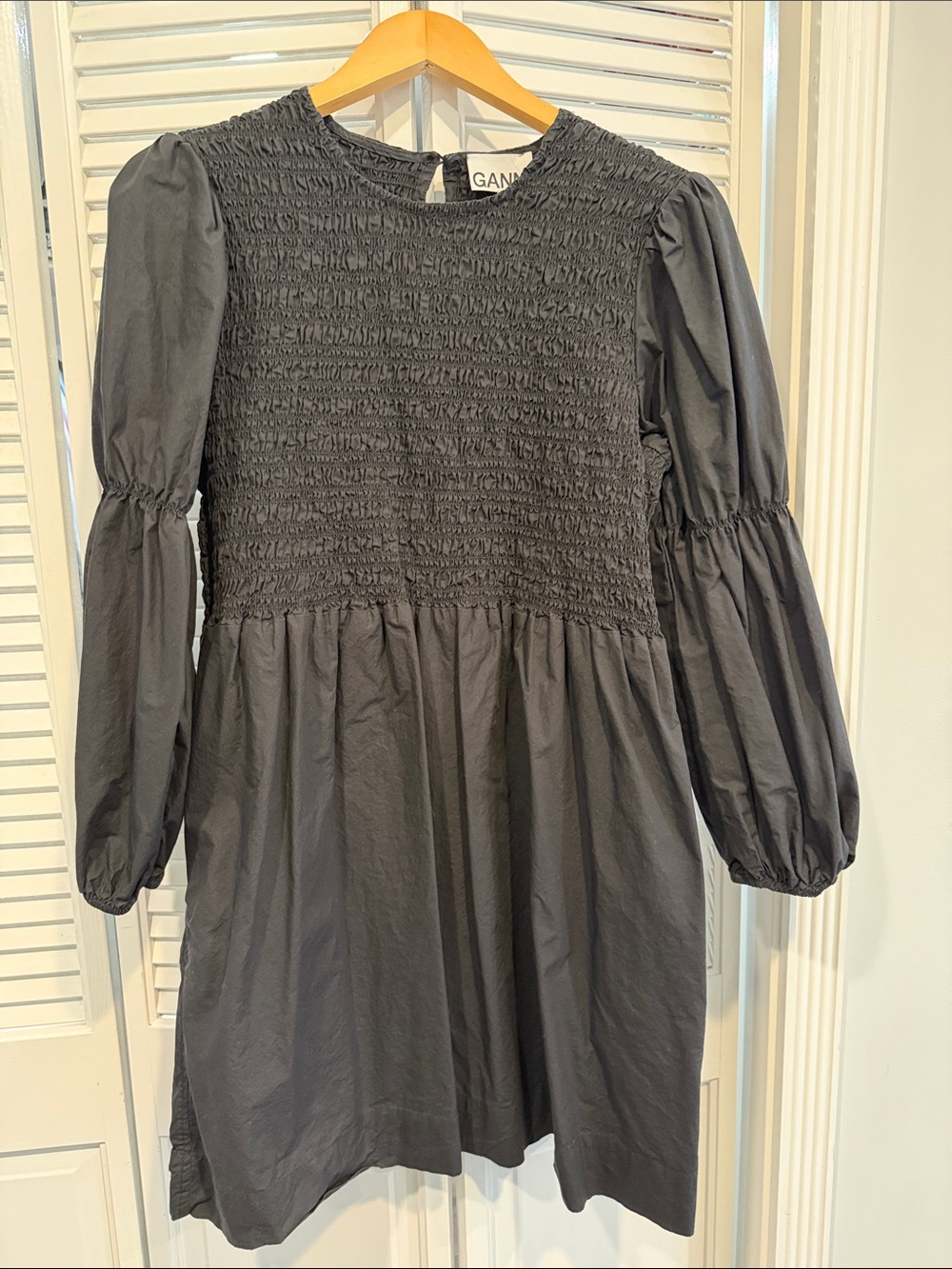 Ganni Black Smocked Bodice Puff-Sleeve Dress